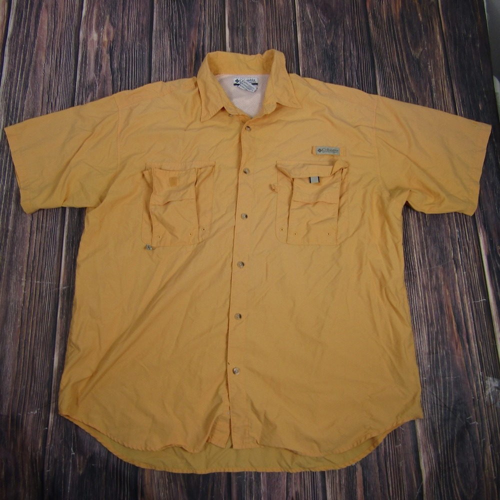 Columbia Shirt Mens XL Yellow PFG Bahama‎ Short Sleeve Fishing Outdoor Nylon